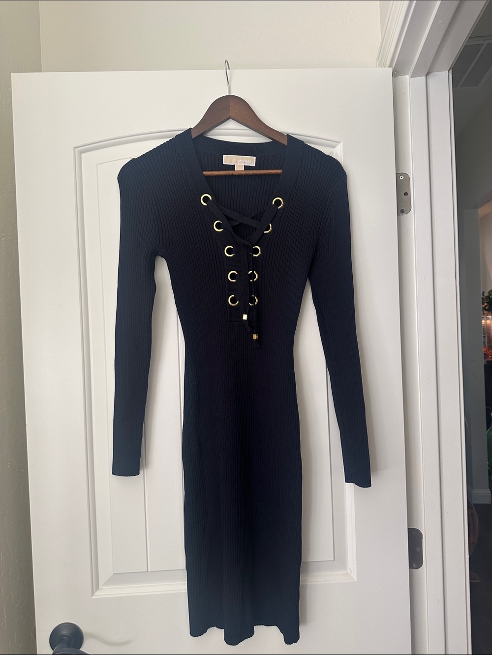 Dark navy blue Lace-Up Ribbed Long Sleeve Dress